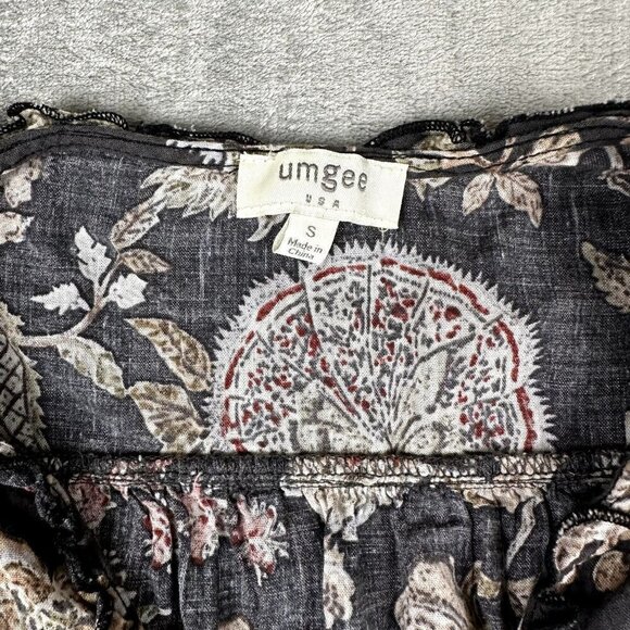 UMGEE Top Womens Small Gray Floral Bell 3/4 Sleeve Tiers Ruffle Blouse Button - Picture 2 of 7